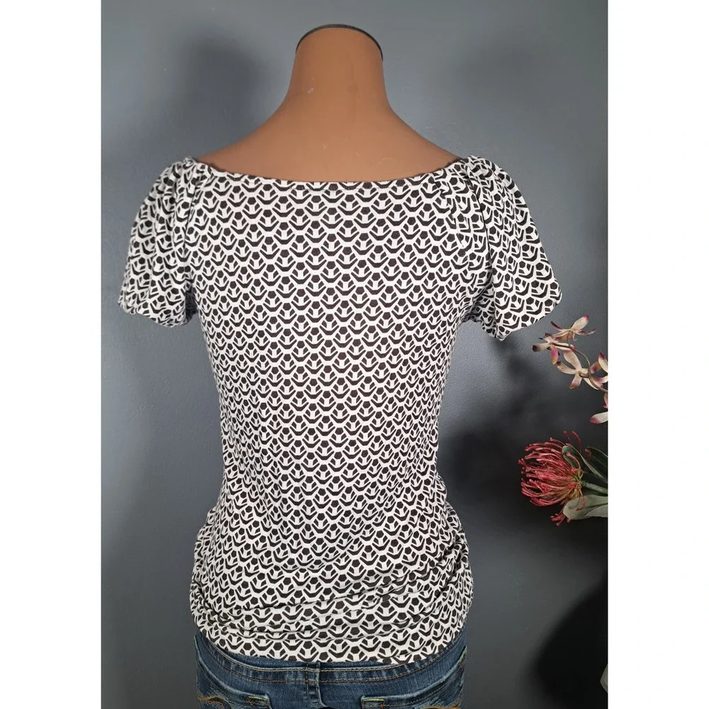 Banana Republic Y2K Brown White Geometric Cowl Neck Puff Sleeve‎ Shirt XS